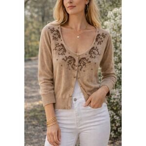 Sigrid Olsen Silk Cashmere Blend Beaded Cardigan L Tan Waist Length Boho Luxe